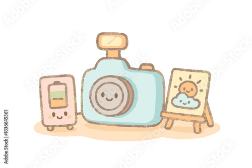 Camera and Weather Setup. A miniature photography setup with cheerful camera, battery gauge, and weather integration, soft pastel