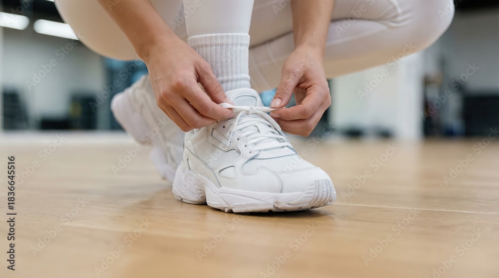 Fototapeta premium Woman tying laces on white sneakers in gym. Athletic footwear preparation for workout. Minimalist sportswear concept featuring color of the year 2026 in fitness and exercise fashion trends for active