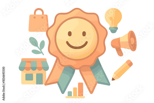 Creative Independence Badge. A happy creative independence badge hovering above playful small business icons, soft harmonious