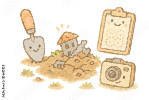 Miniature Archaeology Scene. A miniature disaster archaeology scene with cheerful excavation tool, preservation device, and