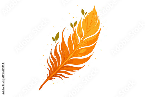 Renewal Phoenix Feather. a single phoenix feather softly glowing with renewal sparks and tiny leaves sprouting from it, gold and