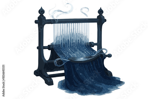 Starlight Weaving Loom. a magical loom weaving glowing threads of starlight into soft celestial fabric, navy and silver palette,
