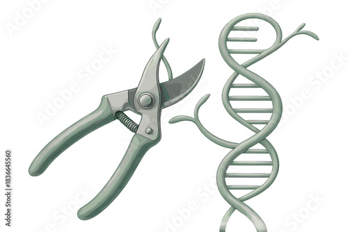 Pruning Genetic Spiral. a pair of pruning shears shaping a spiraling branch that reveals a genetic timeline pattern, silver and