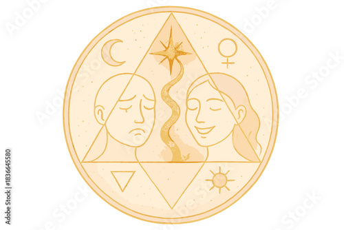 Alchemy of Emotions. a circular alchemy symbol showing the transformation of sadness to joy as golden energy, ivory and blush