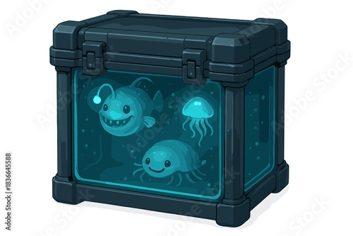 Glowing Deep-Sea Container. sturdy transparent container with smiling deep-sea specimens glowing inside, steel blue and aqua
