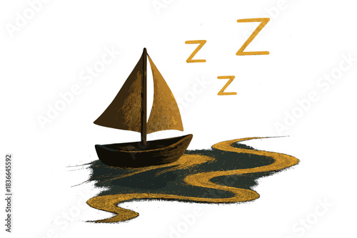 Dreamy Midnight Sail. a tiny boat sailing through glowing sleep streams with gentle Z-shapes in the air, midnight blue and warm