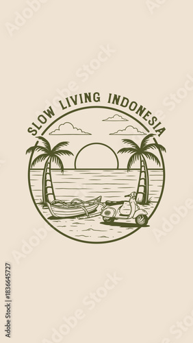 A serene tropical beach scene at sunset with palm trees, a boat, and a vintage scooter, embodying the spirit of slow living in Indonesia.