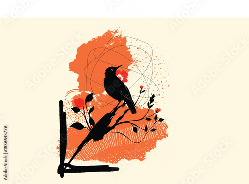 Canvastavla Abstract black bird sitting on floral branch with red ink splashes and grunge textures, modern graphic vector illustration symbolizing freedom, creativity and nature on light background