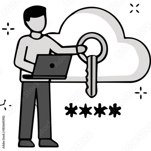 Abstract digital illustration of a person holding a laptop and a large key against a stylized cloud symbol representing cloud computing and data security services
