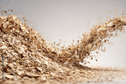 Dynamic wave of scattered wood chips and sawdust