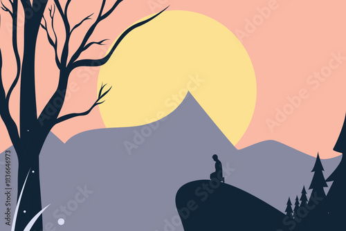 Silhouette of person meditating on mountain at sunrise with bare tree and pine forest, modern flat vector illustration symbolizing peace, prayer, spirituality and connection with nature in pastel colo