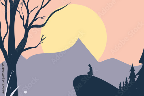 Silhouette of person meditating on mountain at sunrise with bare tree and pine forest, modern flat vector illustration symbolizing peace, prayer, spirituality and connection with nature in pastel colo