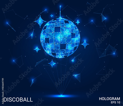 Futuristic hologram disco ball glowing in blue wireframe, projected from a laser base. Surrounded by geometric stars and constellations on dark space background.