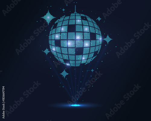 Holographic disco ball glowing in blue wireframe, projected from a laser source. Floating particles starry sparkles enhance 3D illusion. Pure hologram effect futuristic parties, clubs or tech events