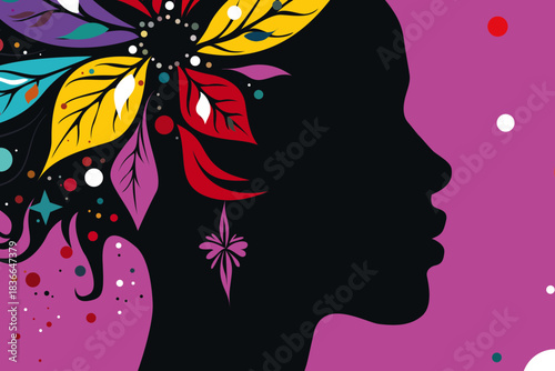 Colorful floral afro woman silhouette profile on vibrant magenta background, modern vector illustration celebrating beauty, diversity, creativity and feminine energy with abstract leaves and shapes.