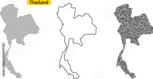 Set of three stylized vector maps of thailand showing different graphic representations including dotted, outline, and pixelated fill patterns