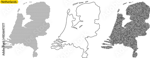 Collection of three stylized map outlines of the netherlands showing different fill patterns like dots, solid line, and grid pattern