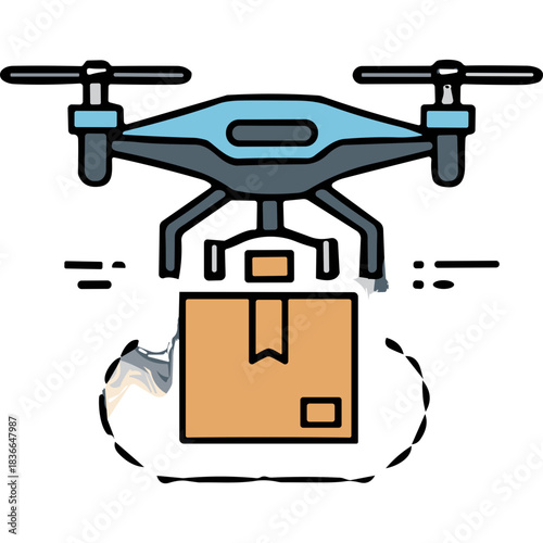 Blue and Gray Drone Delivering a Cardboard Package with a White Outline on a Black Background Modern Technology Concept