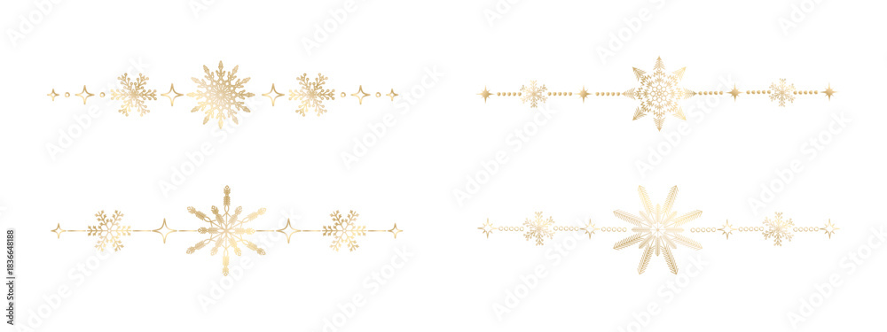 Obraz premium Set of gold Christmas borders featuring snowflakes and stars. Stylish straight ornaments for festive cards, winter packaging, elegant invitations and holiday branding. Vector.