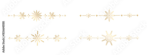 Set of gold Christmas borders  featuring snowflakes and stars. Stylish straight ornaments for festive cards, winter packaging, elegant invitations and holiday branding. Vector.
