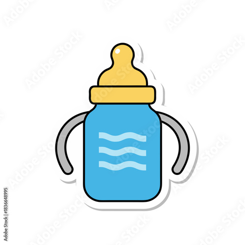 Minimalist flat vector art sticker of a blue baby bottle with yellow nipple and handles depicting wavy water inside clean design on white background