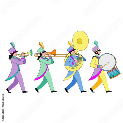 Colorful Mardi Gras marching band illustration with musicians playing trumpet trombone tuba and drums for carnival parade design and festive projects, isolated