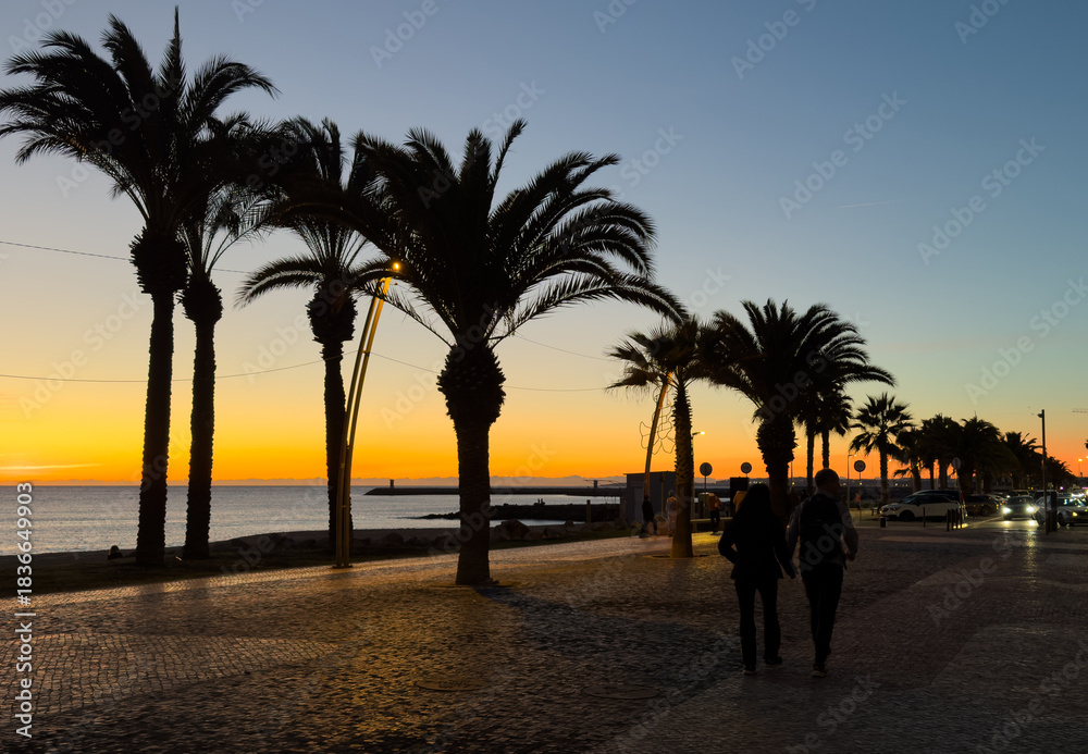 Obraz premium Sunset urban promenade with palm trees, modern buildings, clear sky, and vibrant warm tones reflecting on paved walkway and street