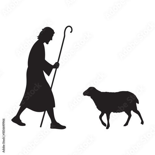 Shepherd Silhouette, Man with Staff and Sheep, Pastoral Farming Scene, Rustic Countryside Art