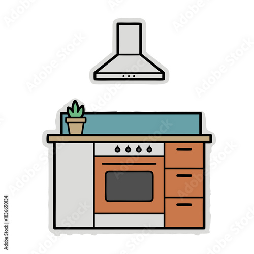 Minimalist Kitchenette Illustration With Stove Oven Range Hood and Potted Plant Clean Sticker Style Isolated On Black Background 2D Flat Vector Art