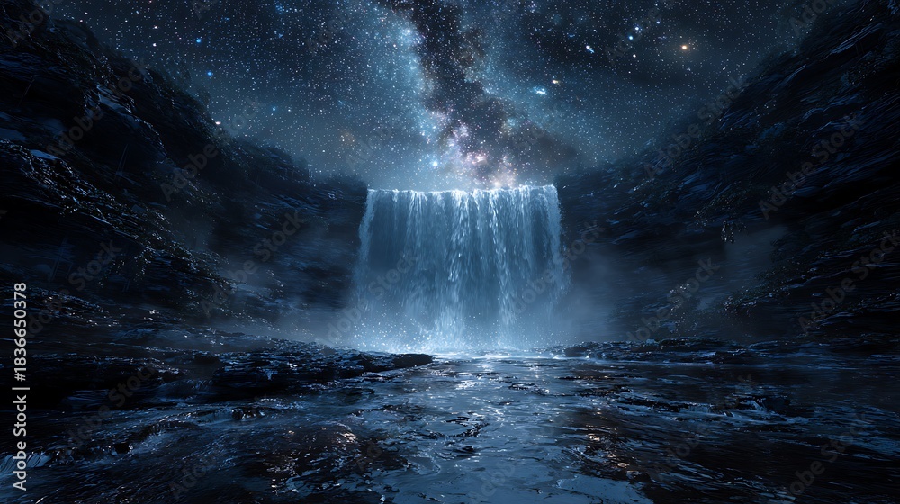 Obraz premium Stunning cosmic waterfall flows under a vibrant, star-filled night sky