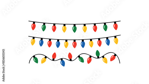 Festive strings of colorful christmas lights in various arrangements on a white background for holiday decoration