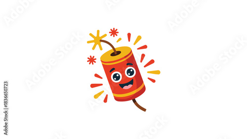 Cute cartoon firecracker character with happy smiling face and exploding sparks celebrating a festive occasion
