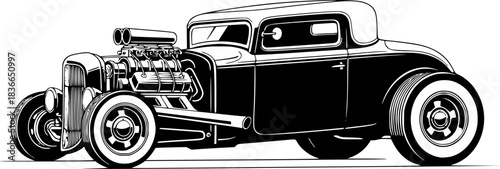Detailed black and white illustration of a vintage hot rod car i
