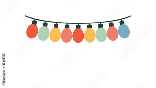 Colorful festive string lights in a curved line with a white background for celebrations and holidays