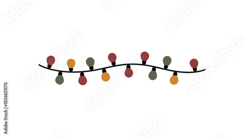 Festive string of colorful incandescent christmas lights with red green and yellow bulbs on a black wire