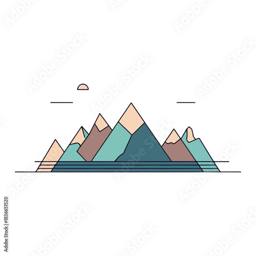 Minimalist Mountain Range and Lake Landscape with Sun Illustration