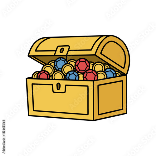 Open Treasure Chest Filled With Gold Coins And Blue Red Crystals Vector Art