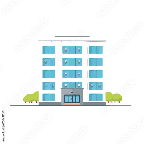 Modern Apartment Building with Windows and Greenery, Clean Design