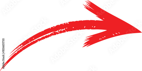 A red arrow marker is isolated on a transparent background, The arrow sign is drawn by hand with a marker, Marked arrow isolated on the background.