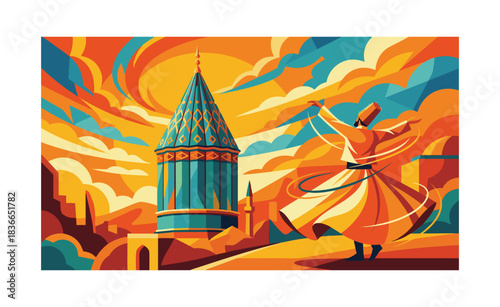 Mevlana Mausoleum and Whirling Dervish, Konya City, colors vector illustration and Şebi arus typography