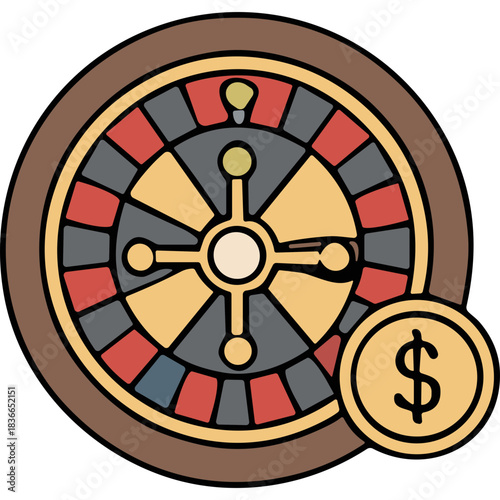 Casino Roulette Wheel with Golden Dollar Coin Symbol Featuring Red Black and Yellow Colors on a Brown Circular Background Symbolizing Gambling and Fortune