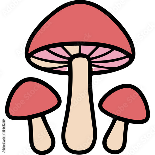 Charming Pink Mushroom Family Illustration with a Large Central Mushroom and Two Smaller Companions Against a Solid Black Background