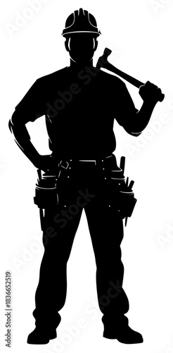 construction worker, silhouette, man, hard hat, tool belt, screwdriver, muscular, strong, black and white

