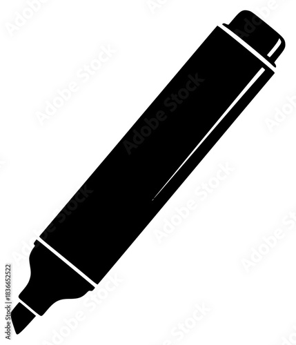A black and white silhouette of a pen., black, flat, fountain pen, icon, illustration, ink, mark, pen, profile, roller, rolling pin, scroll, tool, tube, against transparent background
