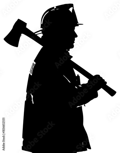 A silhouette of a fireman holding an axe, standing in profile, ax, black, catch, hammer, hat, man, profile, tool, uniform, wear, against transparent background
