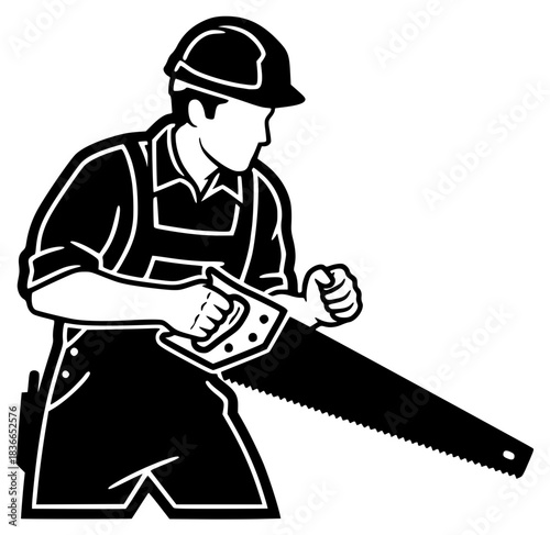 black and white silhouette of a man wearing a hardhat, holding a handsaw, high contrast industrial style illustration
