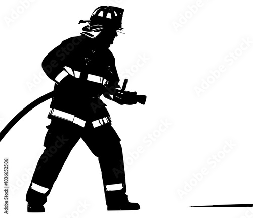 A silhouette of a firefighter using a water gun, black, drill, equipment, extinguisher, fire hose, fireman, goggles, hose, man, profile, spray, tool, uniform, against transparent background
