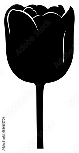 A black and white silhouette of a single tulip, black, flower, icon, illustration, profile, stem, tulip, against transparent background