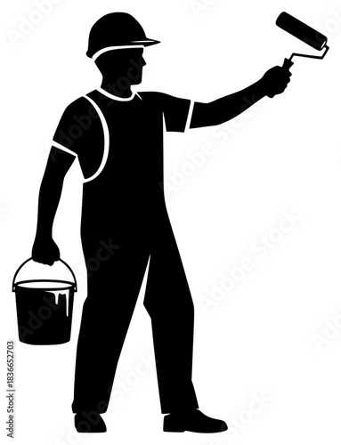 high contrast black and white illustration, man in construction worker uniform holding paint roller, photorealistic, detailed, realistic, cinematic
