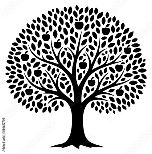 A black and white silhouette of a tree with leaves and apples, apple, apple tree, black, illustration, profile, tree, against transparent background